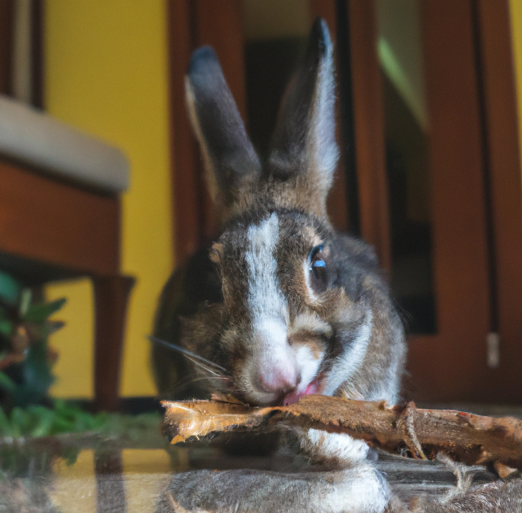 Rabbit Eating Piece of Wood Inside the House